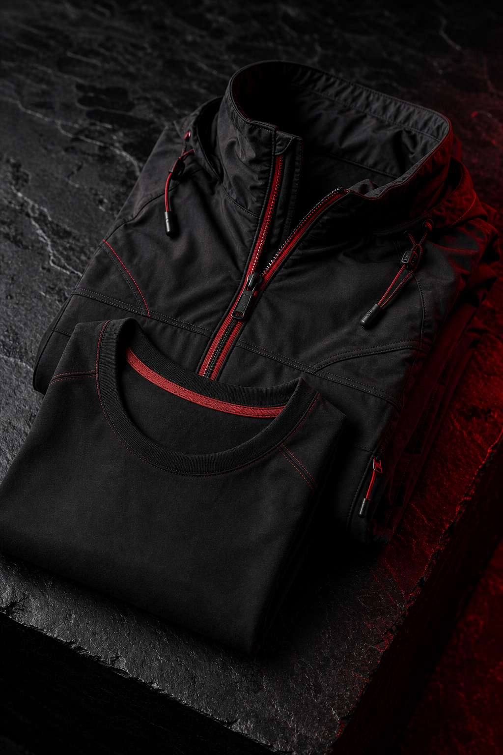 ScarletBeast black apparel fabric and scarlet zipper detail
